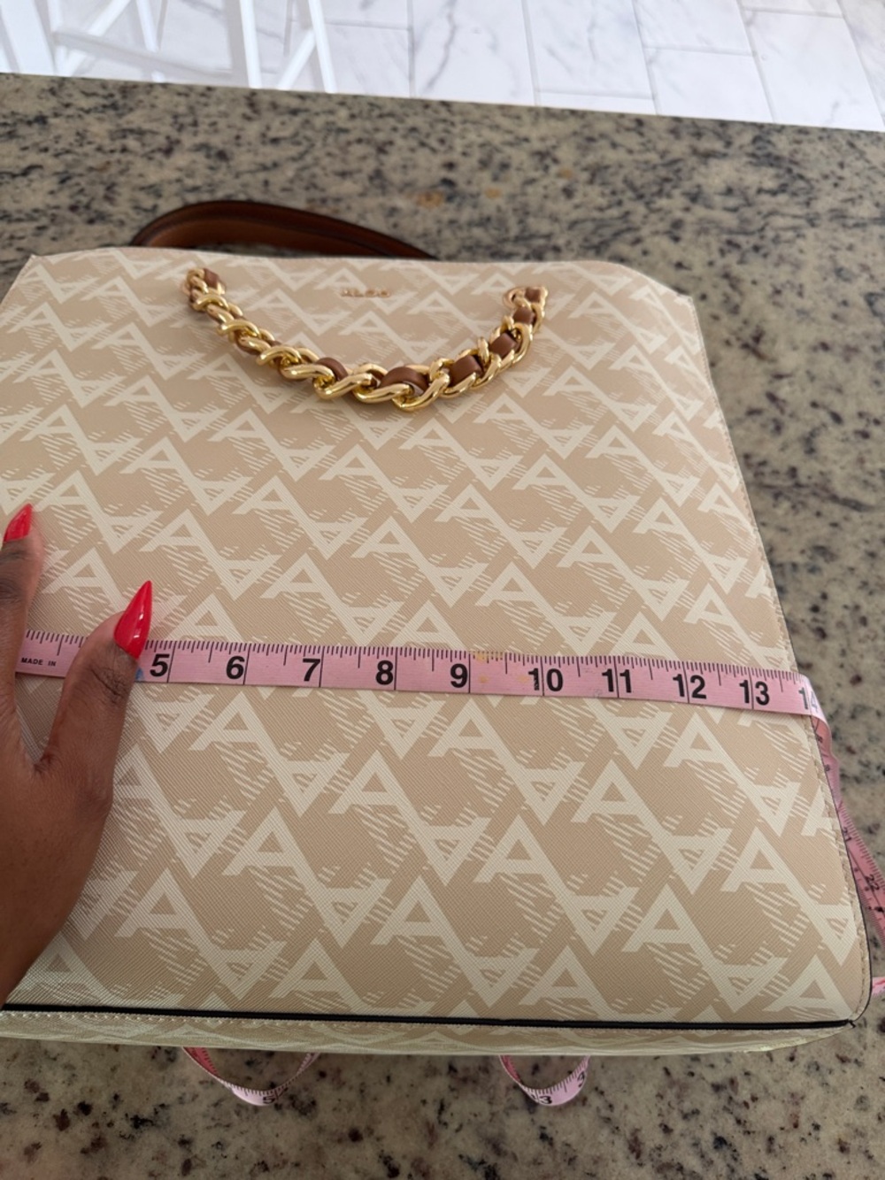 ALDO Beige & Brown Monogram Tote with Gold Chain Handles never worn - Picture 9 of 14
